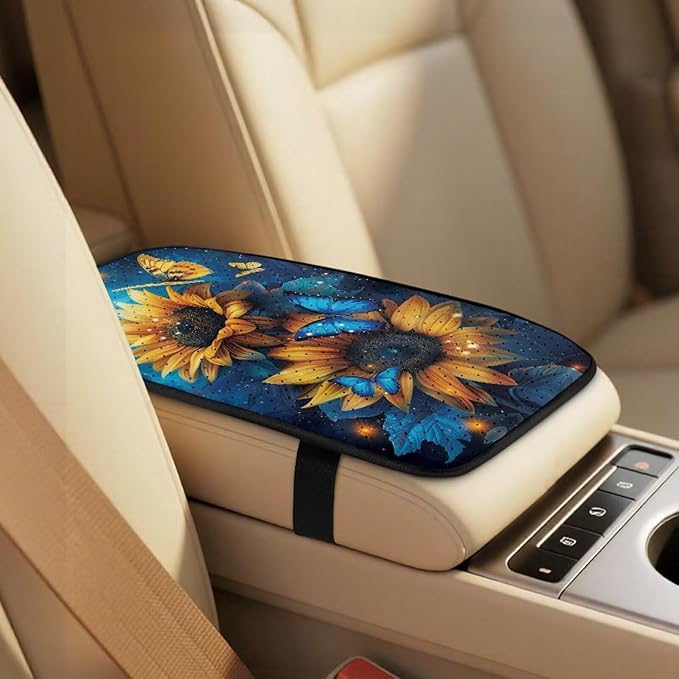 Qeluxign 5 Piece Car Accessories Set with 2 PU Leather Seat Covers, Sunflower Blue Butterfly 2 Belt Pads & 1 Armrest Cover Fit for Most Vehicles Easy Install & Clean