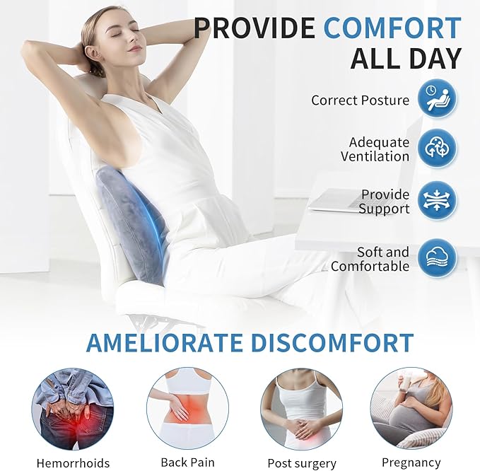 Dijialun Lumbar Support Pillow for Car, Memory Foam Back Support Lumbar Pillow for Car, Gaming, Office Chair, Ergonomic for Lower Back Pain Relief, Comfortable and Crystal Velvet Fabric, Grey
