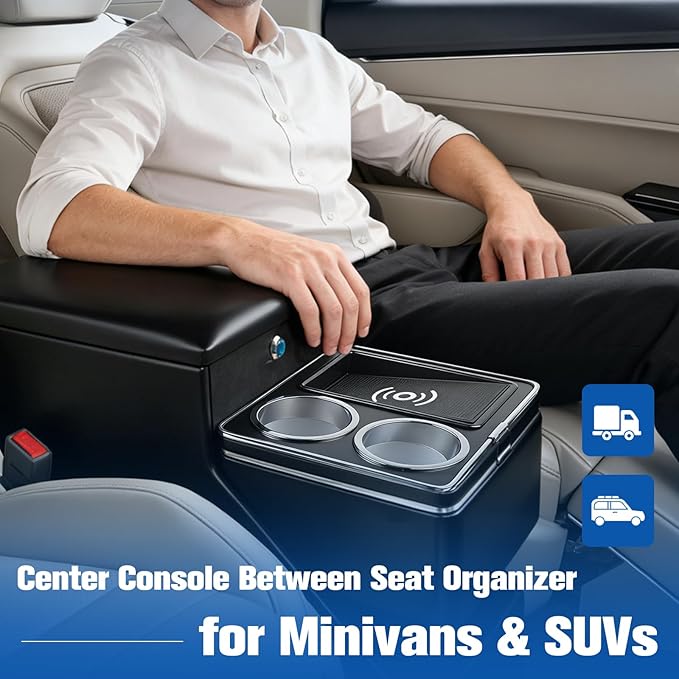 Center Console Organizer for Minivans, SUVs & Middle Van Seats - Floor-Mounted Lockable Storage Box with Dual Cup Holders, 7-Color Ambient Light & Wireless Charging, Ideal for Vehicle Interior