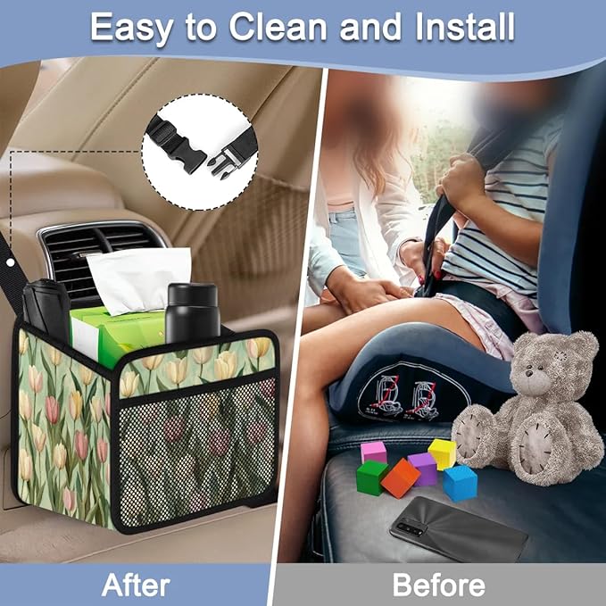 Pastel Tulip Green Car Backseat Organizer PU Leather Automotive Back Seat Storage Bag Universal Hanging Garbage Box Travel Accessories Foldable