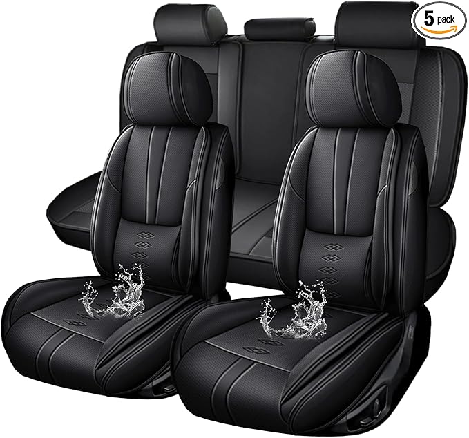 CVQAZ Premium Universal Car Seat Cover, Comfortable Leather Seat Cover for 96% of Models, Waterproof Car Seats Protectors Cushions for 5 Seats(Black)