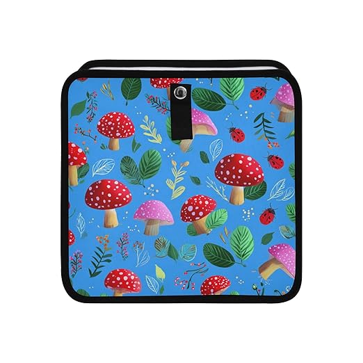 Car Trash Can Organizer Bin with Adjustable Strap for Back Front Seat Console Waterproof Leakproof Collapsible Portable 11 Inch Bright Blue Mushrooms Leaves and Ladybugs