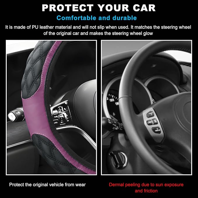 Car Steering Wheel Cover, 15 Inches Non-Slip Leather Car Steering Wheel Protector, Universal Steering Wheel Soft Cover Mats for Car Truck SUV, Interior Car Accessories (Purple)