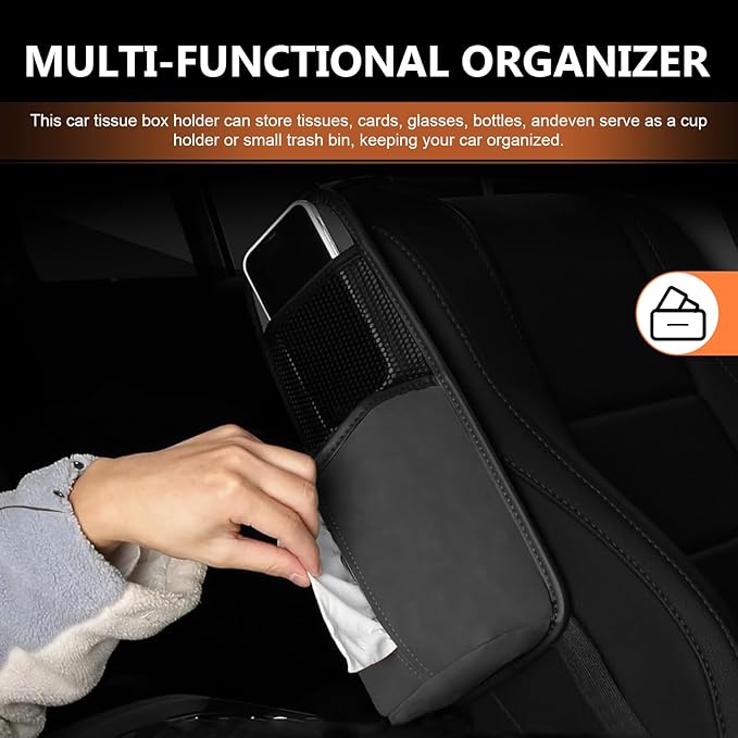 Car Tissue Holder, Leather Seat Side Strap-On Organizer Box with Mesh Net, Multifunctional Hanging Card Cup Holder Storage Bag, Universal for Most Cars (Black)