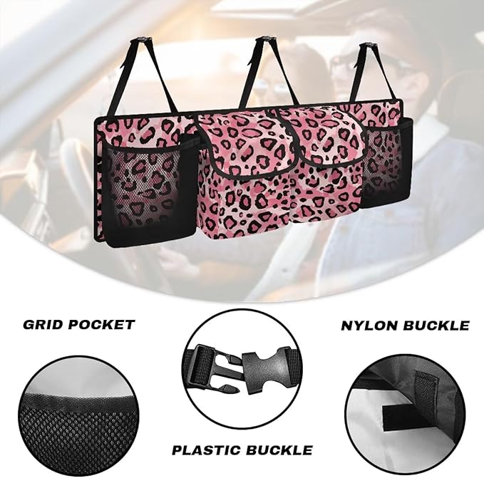 Pink Leopard Backseat Organizer Waterproof Trunk Organizers Hanging Interior Car Accessories ith 4 Pockets, Buckle Strapes Car Storage Bag for SUV Bus When Commuting