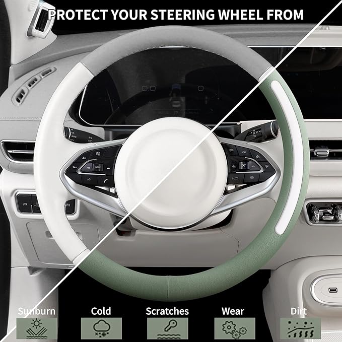 Steering Wheel Cover, Universal 15 inch, Faux Leather Steering Wheel Protector, Anti-Slip, Breathable & Heating-Compatible for Cars Trucks SUVs Vans