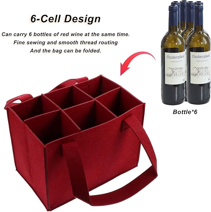 6 Bottle Wine Carrier with Divider Felt Wine Storage Tote Bag, Portable Reusable Wine Travel Bag with Handle for Christmas Travel Camping Picnic Party (Red)