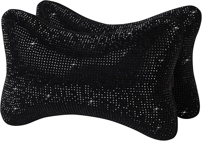2Pcs Neck Rest for Car Neck Pillow for Driver, Auto Seat Headrest Cushion Driving Relax Necksupport Black Diamonds Bling Car Accessories for Women Men High Grade