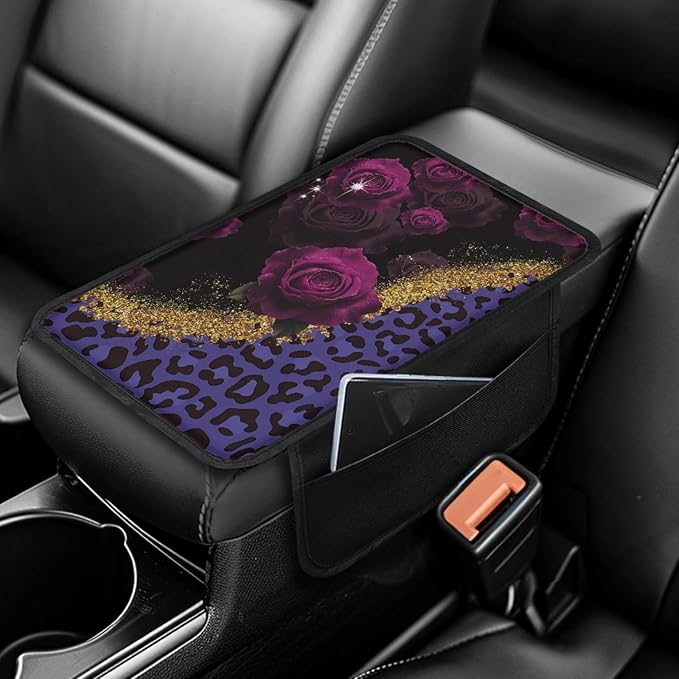 CLOHOMIN Purple Rose Car Arm Rest Covers Leopard Print Auto Armrest Pad with 2 Pockets Automoblie Interior Accessories Car Center Console Armrest Cushion Cover Fit for Most Vehicles