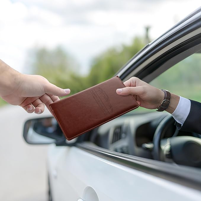 JUSTTOP 2Pack Car Registration and Insurance Holder,Car Document Holder for Cards License with Magnetic Shut,Vehicle Glove Box Car Organizer for Documents, Cards, License(Brown)