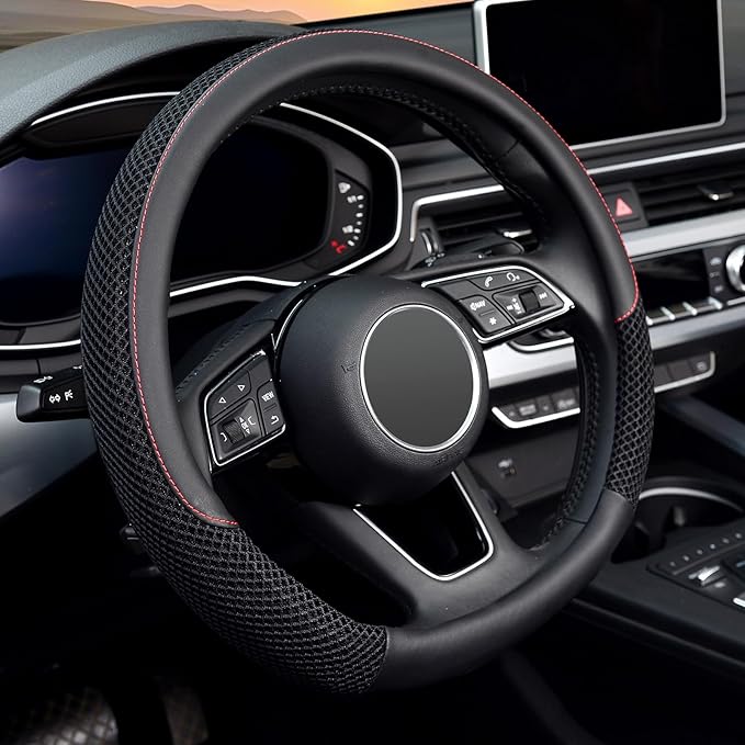 KAFEEK D Shape Steering Wheel Cover, Universal 15 inch, Microfiber Leather Viscose, Breathable, Anti-Slip,Warm in Winter and Cool in Summer, Black