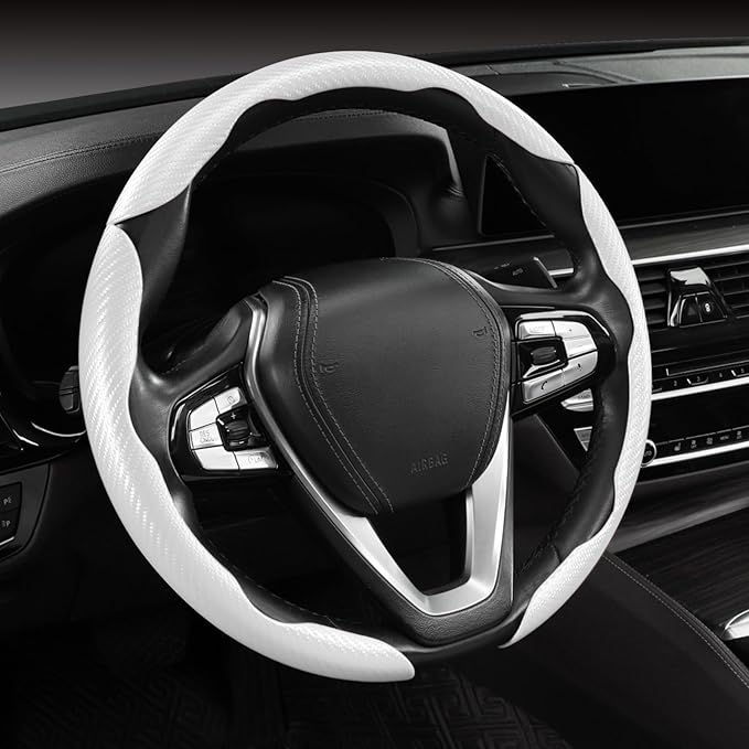 Carbon Fiber Steering Wheel Cover 3pcs Anti-Slip Car Steering Wheel Accessories Snap on Grip 15 inch Universal White
