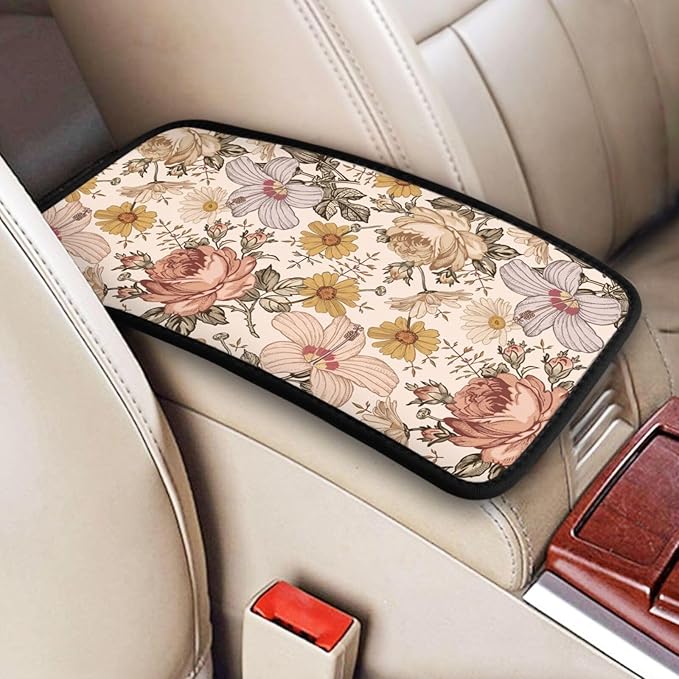 Vintage Floral Boho Peony Daisy Car Center Console Cover Car Armrest Cushion Waterproof Middle Console Cover Car Arm Rest Cover Pad Comfortable Car Accessories Interior for SUV Sedan Truck