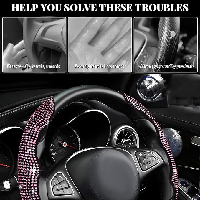2 PCS Steering Wheel Cover, Segmented Car Wheel Covers with Crystal Rhinestones, Non-Slip Protector Bling Sparkly Decoration for Most Steering Wheels, Car Accessories (Pink)
