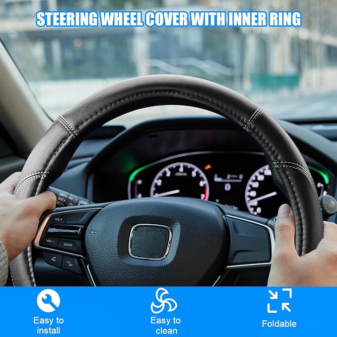 Car Steering Wheel Cover, 15 Inch Non-Slip Leather Full Surround Steering Wheel Guard with Inner Ring, Automotive Interior Protective Accessories, Compatible with Most Vehicle (Black/Gray)