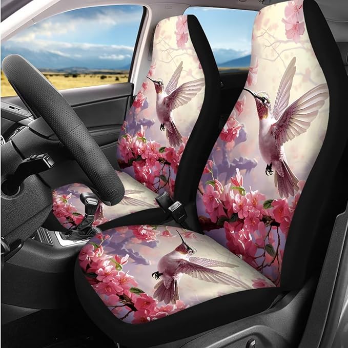 Dngkaoje 13 Pieces Hummingbird Car Seat Covers Full Set for Women Auto Interior Accessories Set for Front Rear,Pink Hummingbird Collapsible Garbage Bin,Armrest Pad Cover,Handbrake Shift Covers
