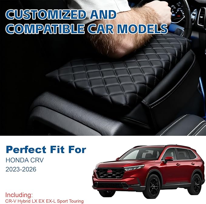 Thickened Armrest Cover Compatible with Honda CRV 2023 2024 2025 2026 Center Console Cover Accessories, CR-V Hybrid LX EX EX-L Sport Touring Arm Rest Covers Lid Protector Cushion,Black Faux Leather