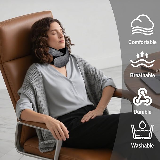 GongPath Travel Neck Pillow for Airplanes, 100% Memory Foam Neck Pillow for Sleeping, 360° Neck Support Pillow, Compact and Ergonomic Design for Travel, Car Rides, Airport (Dark Grey)