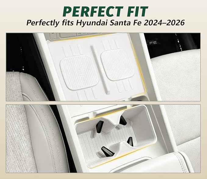 Cup Holder Insert & Wireless Charging Protective Mat for 2024 2025 2026 Hyundai Santa Fe White 2Pcs (Scratch & Scuff Free) (Easy to Clean) Center Console for Hyundai Santa Fe Accessories