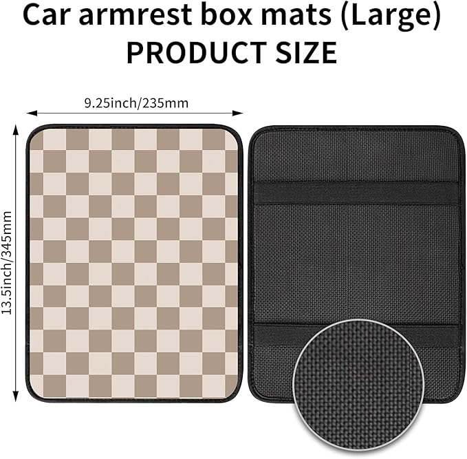 Car Center Console Cover, Universal Soft Large Neoprene Auto Armrest Seat Box Cover, Funny Car Decor Accessories Fit for Most Cars, Vehicles, SUVs Cute Beige Checkered