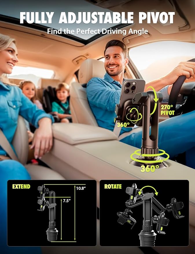 Bracketron OneClick Cup Phone Holder for Car - Universal Cup Holder Phone Mount, Fits Devices up to 4.2", 360° Rotation with Twist-Expand Base & Folding Support Legs