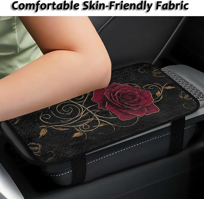 Bulopur Red Rose Car Center Console Cushion Pad Flannel Protect from Pet Claws Auto Armrest Console Cover Easy to Install 12.01 x 7.28 Inch Universal Fit for Auto Truck Van SUV