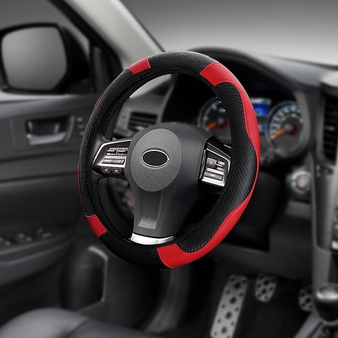 Car Steering Wheel Cover, Steering Wheel Protector, 15 inch Durable Leather Cover with Anti-Slip Lining, Universal Carbon Fiber Microfiber Leather Car Accessories for Most Cars (Black&Red)