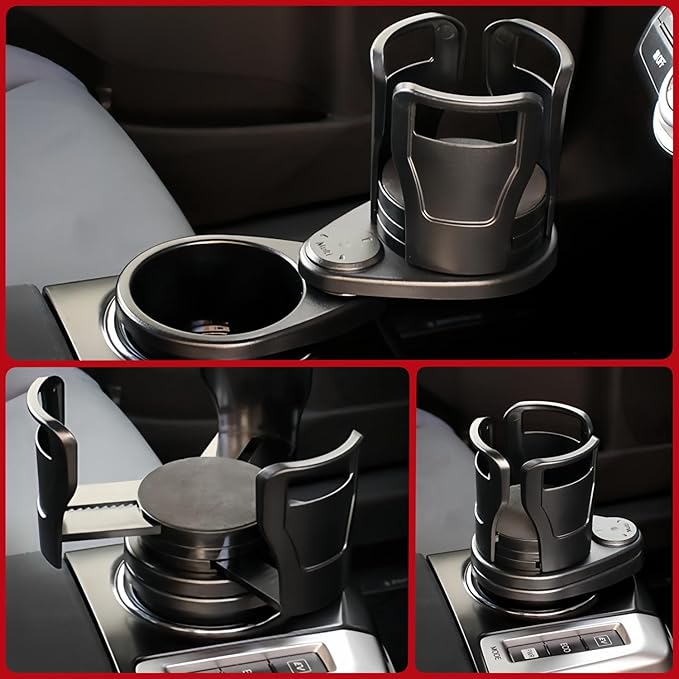 Universal Car Cup Holder Expander, 360-Degree Rotating Adjustable Drink Holder, Black Multi-Cup Mount for Vehicle Console, 7.32 x 2.59 x 3.34 Inches