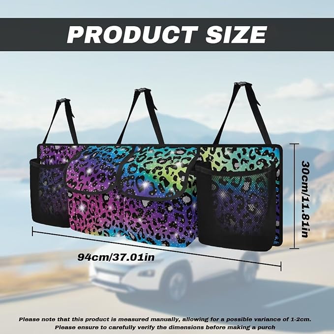 SEANATIVE Colorful Shiny Leopard Car Trunk Organizer, Backseat Hanging Organizer with 4 Large Storage Bag Super Capacity -Trunk Organizer for SUV,Truck,Van -Your Space Saving Expert