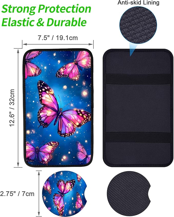 JANENFNA Car Armrest Cover Pads Universal Fashion Cute Auto Center Console Armrest Cover Pad with 2PCS Car Coasters Soft Waterproof Car Armrest Seat Protector for Women,Glowing Butterflies