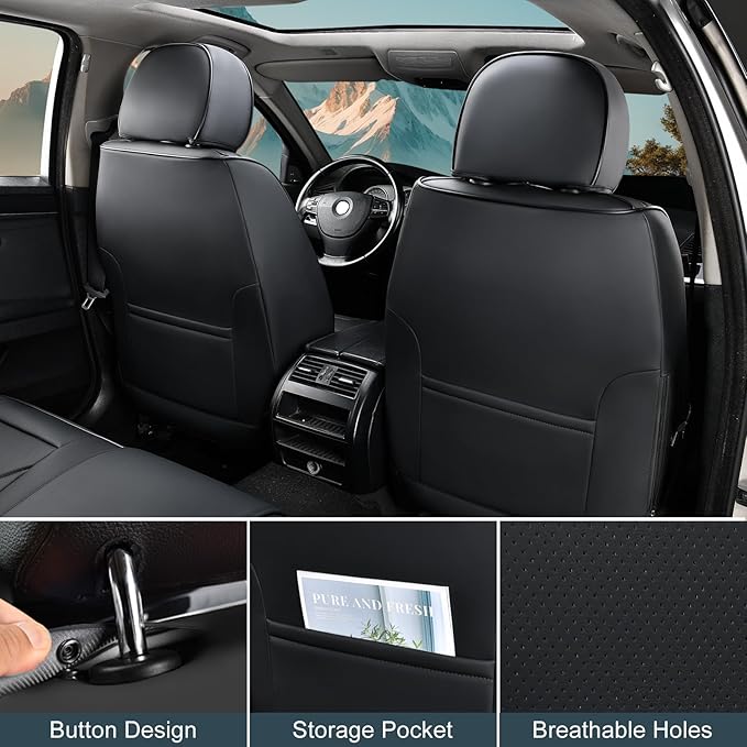 TIEHESYT Black Car Seat Covers Front Pair, Breathable Leather Automotive Front Seat Covers & Headrest for Comfortable Driving, Universal Auto Interior Fit for Most Kinds of Vehicles, SUV, Sedans