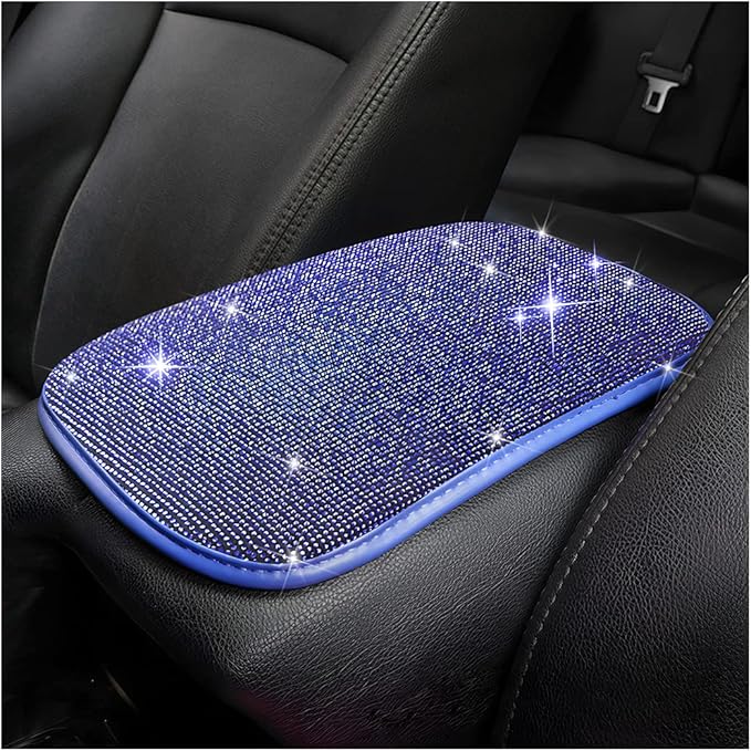 Moly Magnolia Bling Center Console Cover, Diamond Fashion ArmRest Pad, Crystal Soft Arm Rest Protective Cushion, Car Accessories for Women Girls, 11.8"×8.5" for Most of Vehicles, SUVs, Trucks (Blue)