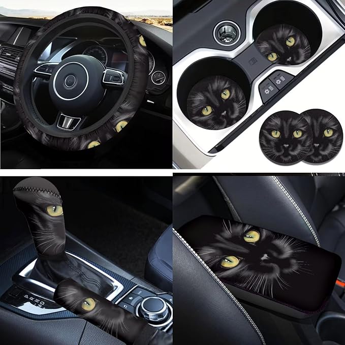 6 Pcs Black Cat Car Steering Wheel Covers Set Animal Cat Auto Interior Accessories Cup Holder Armrest Pad Seatbelt Cushion for Mens Womens