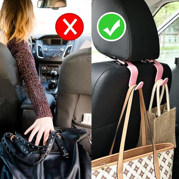 Car Back Seat Headrest Hooks, 4PCS Vehicle Backseat Storage Organizer Hanger, Multifunctional Auto Headrest Hidden Hook Universal for Handbag Purse Backpacks Bags(Carbon Fiber Pink)
