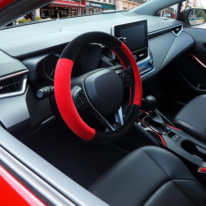SEG Direct Steering Wheel Cover for Car, Standard Size 14.5-15 inch, Auto Interior Accessories, Warm Plush, Summer Winter, Black and Red