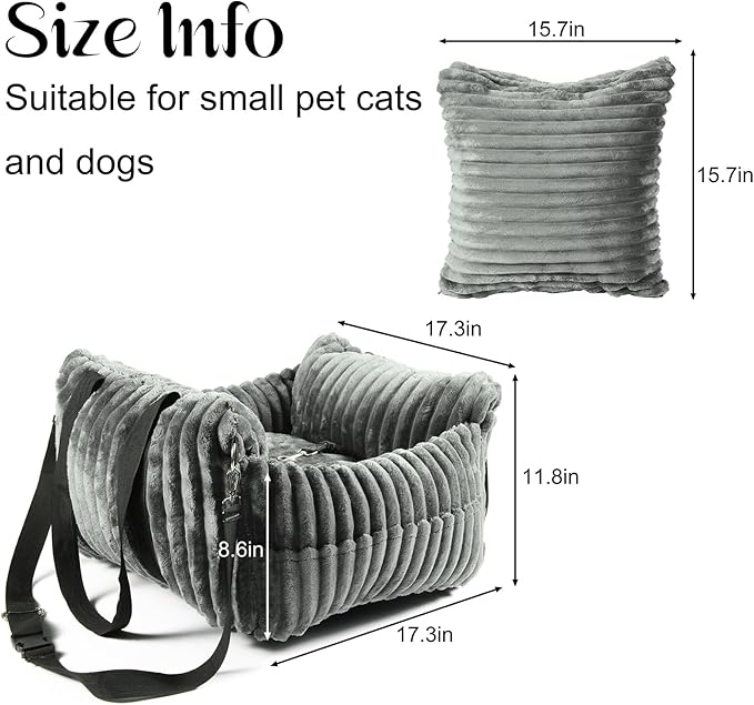 HOMLOVE Dog Car Booster Seat, for Small Dogs Under 30 lbs, Detachable Washable Travel Bed with Storage Pockets and Safety Belt (Grey, Medium)