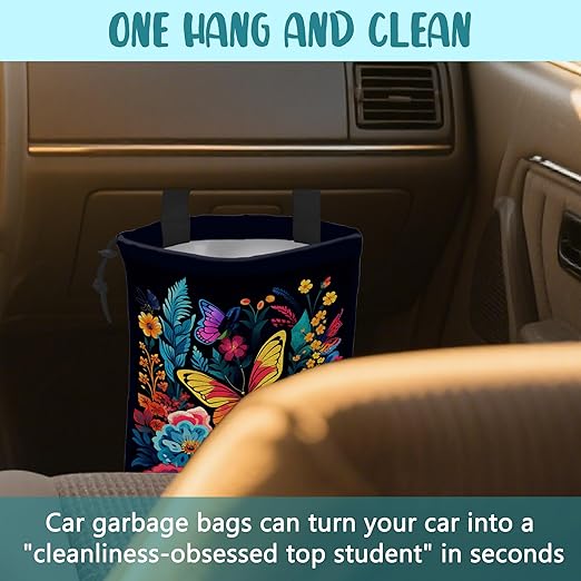 KXWQTRDD Car Garbage Bag Colorful Flowers and Butterflies Hanging Canvas Car Trash Bag Waterproof Drawstring Car Back Seat Organizer for Car Back Front Seat Console with Adjustable Buckle