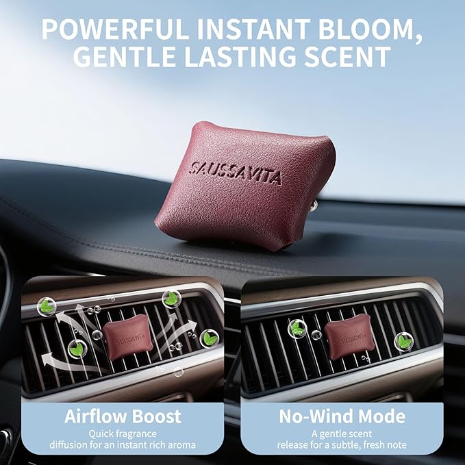 Car Air Freshener Diffuser Crisp Drive Scented 2 Pack, Car Fresheners Vent Clip Leather Design, Car Diffuser for 30 Days Long Lasting WineRed