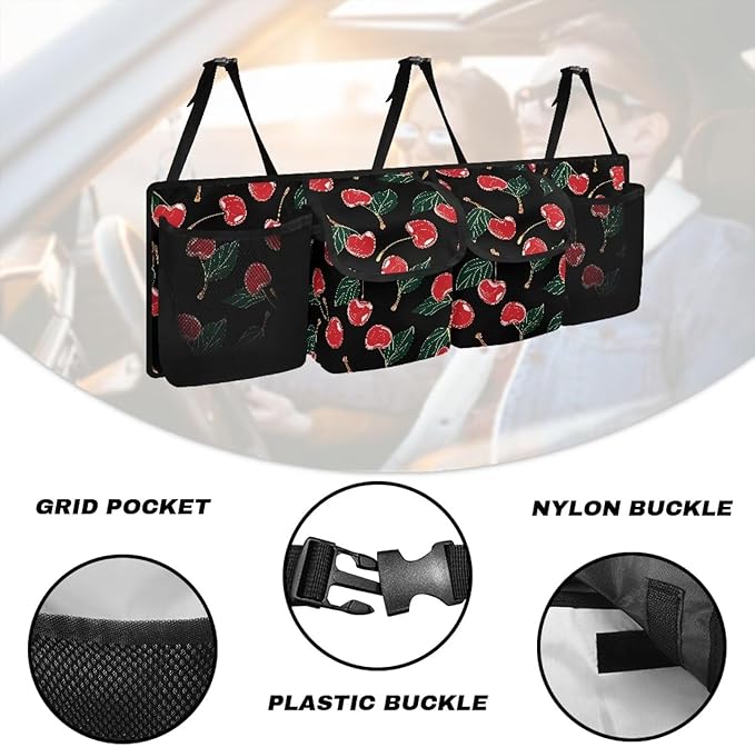 Cherry Car Trunk Organizers, 37.1" x 11.8" Backseat Hanging Organizer with 4 Storage Bag, Waterproof Car Organizer with Adjustable Strap, Car Interior Accessories