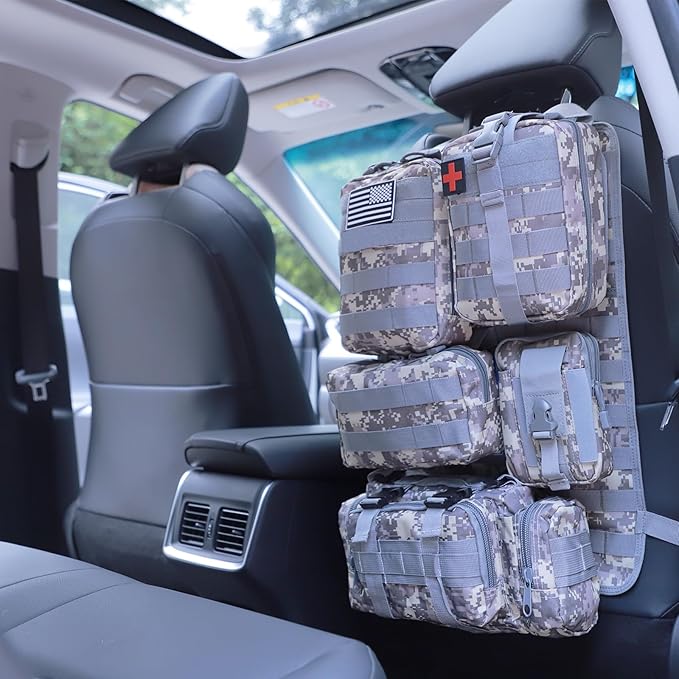 Universal Tactical Car Seat Back Organizer Bag Tactical Molle Vehicle Organizers Panel Vehicle Protector Organizers with 5 Detachable Pouches for Car Truck Ford Jeep (ACU)