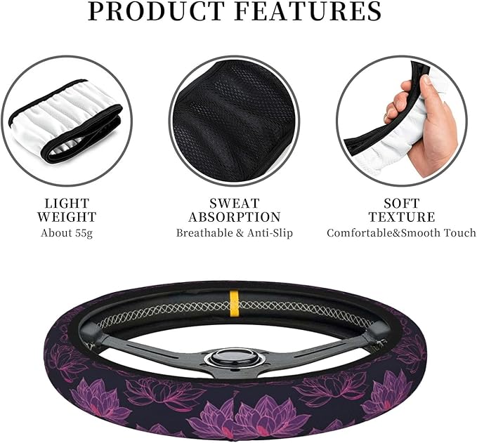 Pink Lotus Flowers Steering Wheel Cover for Women Men Girls, Car Accessories Decor Thickened Anti-Slip Auto Steering Wheel Covers Protector Universal Fit 15 Inch for Cars, Truck, SUV