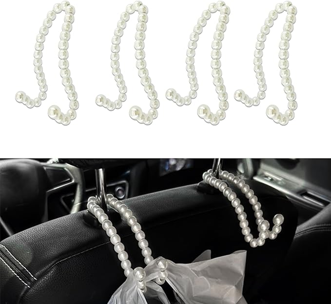 4PCS Elegant Pearl Car Seat Headrest Hook, Purse Hook for Car, Multi-Functional Automotive Rear Seat Hangers, Auto Interior Accessories Cute Vehicle Backseat Storage Hanger for Women Girls