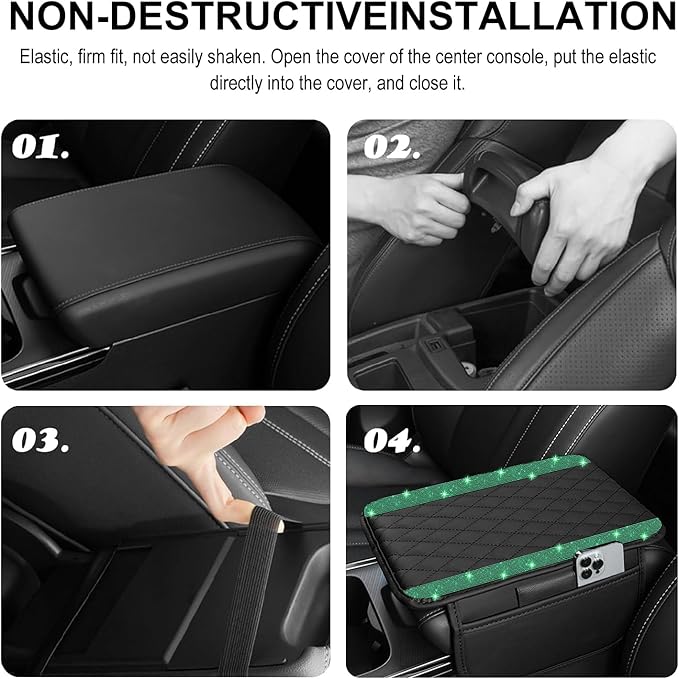 Bling Car Center Console Cover, Leather Car Arm Rest Cover Cushion with 2 Storage Bags, Universal Auto Armrest Protector Storage Box, Bling Accessories Interior for Most Vehicles (Green Diamond)
