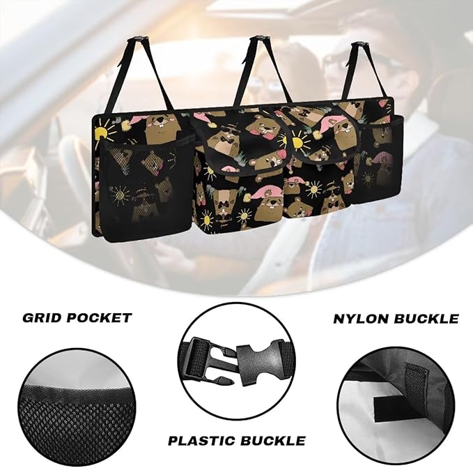 Cute Groundhog Back Seat Trunk Organizer Hanging Car Organizer Trunk Foldable Cargo Storage with 2 Large Storage Bag & 2 Mesh Pockets& 3 Adjustable Straps 37.01x11.81 inch