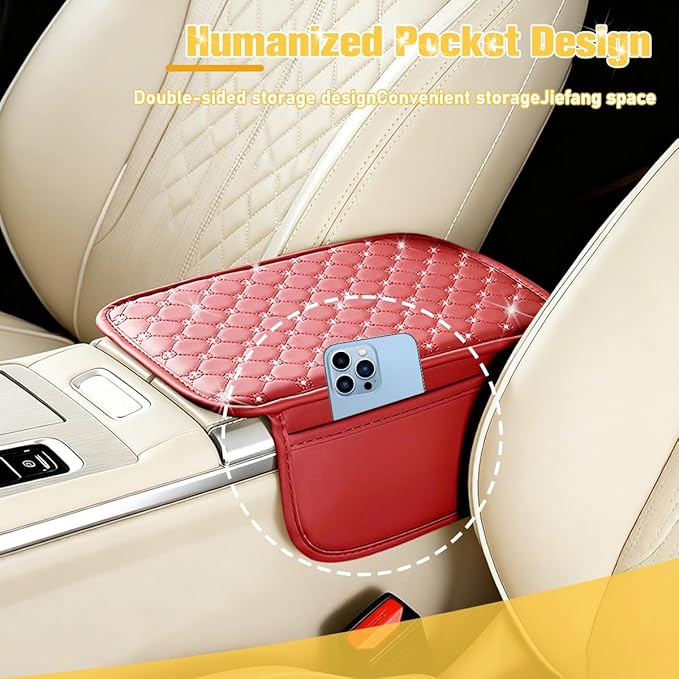 Car Center Console Cover, Leather Vehicle Armrest Storage Box Protector with 2 Storage Bags, Automotive Interior Middle Console Cushion Pad, Universal for SUV Sedan Truck (Wine Red)