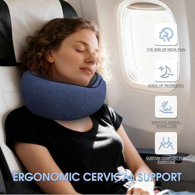 Dujuanus Neck Travel Pillows for Airplanes Memory Foam Neck Comfort Pillow Compact Ergonomic Design Sleeping Essentials for Long Flights Car Rides and Home Use (Blue)