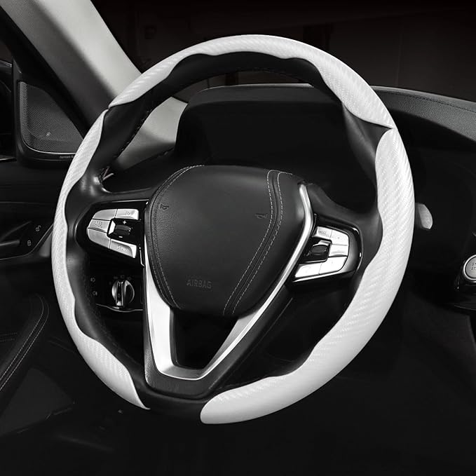 Carbon Fiber Steering Wheel Cover 3pcs Anti-Slip Car Steering Wheel Accessories Snap on Grip 15 inch Universal White
