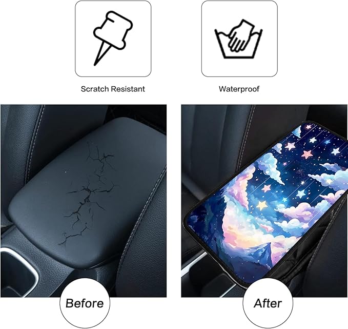 JANENFNA Car Armrest Cover Pads Universal Fashion Cute Auto Center Console Armrest Cover Pad with 2PCS Car Coasters Soft Waterproof Car Armrest Seat Protector for Women,Colorful Nebula