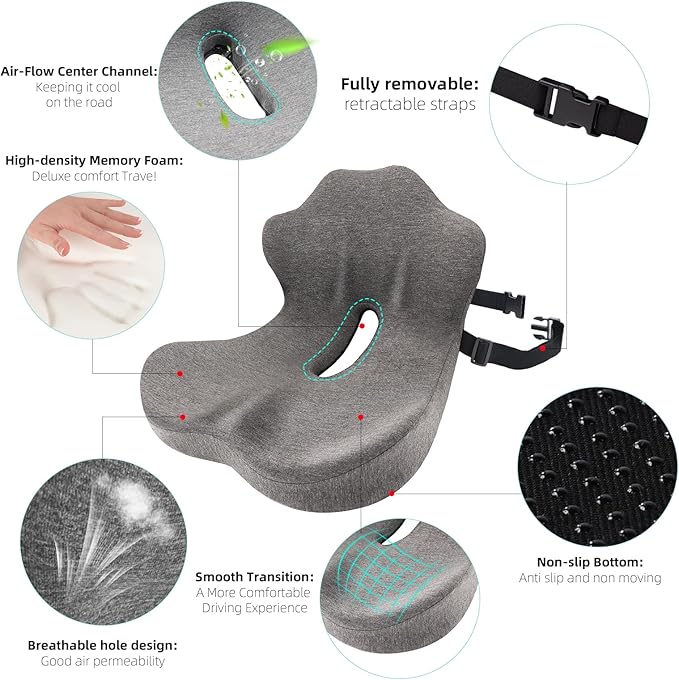 Seat Cushion, Memory Foam Truck Seat Cushion, L-Shaped Ergonomic Design Chair Cushion with Lumbar Support for Back Pressure Relief, for Long Sitting Office Worker