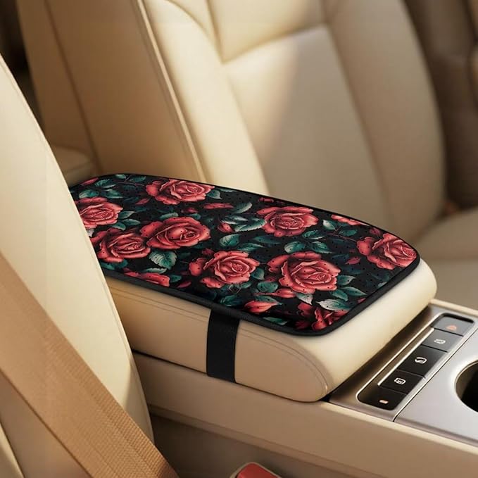 FUSURIRE 5PCS Car Accessories Set, Red Rose Print Vehicle PU Front Seat Covers, Seat Belt Covers & Center Armrest Pad, Universal for SUV, Truck, RV